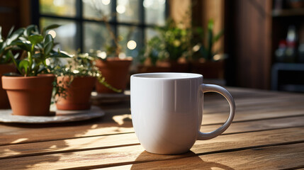 Fototapeta premium white cup or mug on wooden coffee table