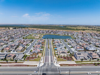 Drone over a suburban community in Oakley, California. Delaney Park Community.