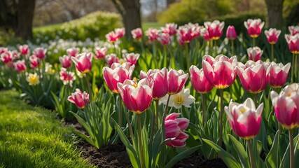 Pink and White Tulips Blooming in Spring