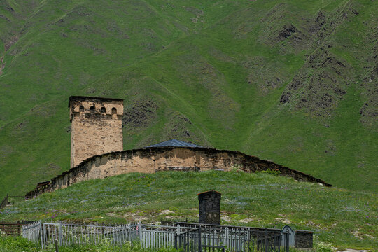 Ushguli village. Lamaria Church Jgrag and Ushguli village at the foot of Mt. Shkhara,Upper Svaneti, Georgia.