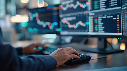 A multi-monitor setup displaying various stock market and forex trading graphs.