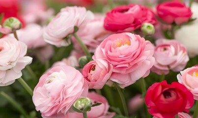 Beautiful Pink and Red Ranunculus Flowers, Generative AI