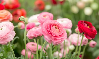 Obraz premium Beautiful Pink and Red Ranunculus Flowers, Generative AI