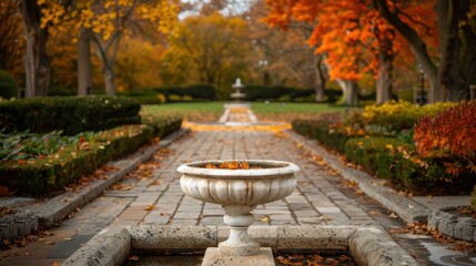 Fototapeta premium Beautiful Autumn Garden with Stone Fountain and Colorful Foliage in a Tranquil Park Setting