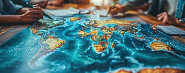 Close up of hands pointing at a world map.