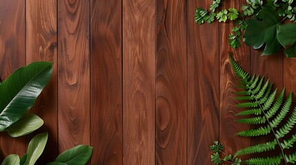 Dark Mahogany Wood Planks with Leafy Green Foliage