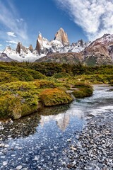 Mount Fitz Roy and it’s reflection in river surface in Patagonia, Argentina