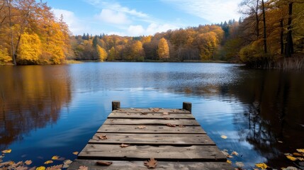 Tranquil Autumn Lake with Wooden Pier and Vibrant Fall Foliage Under a Clear Blue Sky