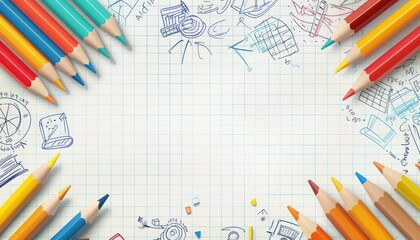 Fototapeta premium Back to school poster with pencil, flying clouds and arrows pointing up or down to creative idea concept, copy space for advertising panoramic banner 