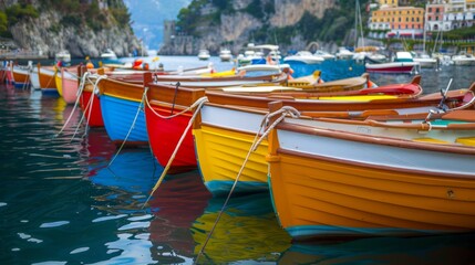 Obraz premium Colorful boats docked in an Amalfi Coast marina, vibrant and scenic