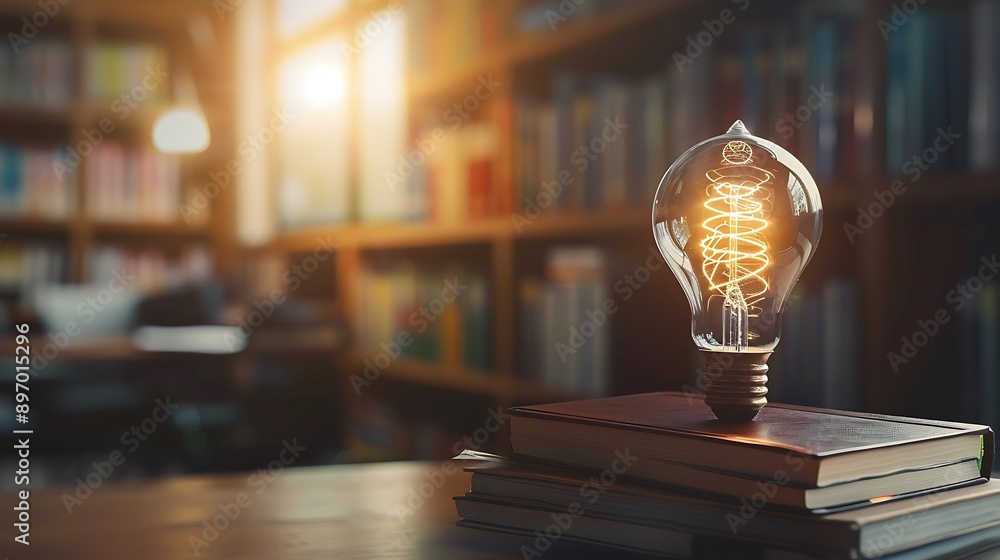 Poster light bulb with stack of books for innovation concept of learning knowledge inspiration idea creativ