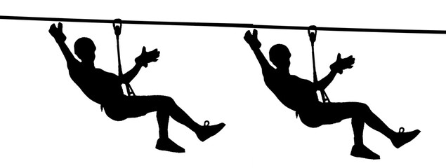 Extreme two sportsmens took down with rope. 2 Mens in helmet climbing silhouette illustration, isolated. Rescue mountain unit. Sport  action in adventure park rope ladder Ropeway for fun team building