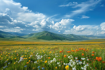 Fototapeta premium Beautiful landscape of green hills with a flowery valley. Generated by artificial intelligence
