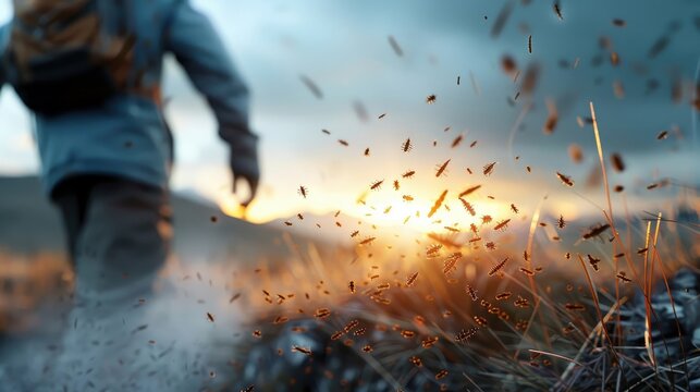 A swarm of gnats hovering around a hiker's head.