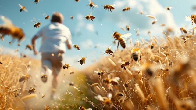 A person being chased by a swarm of angry bees.