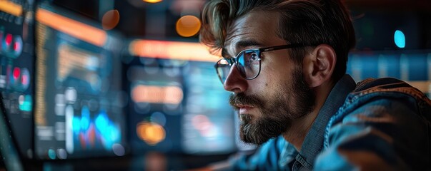 Man in glasses working on computer in dark room.