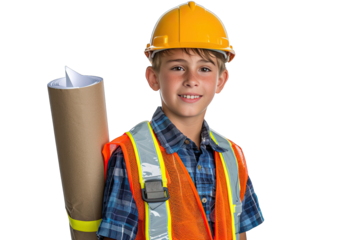 Young boy in construction gear holding blueprints, smiling and wearing a safety vest and hard hat, embodying future builder dreams.