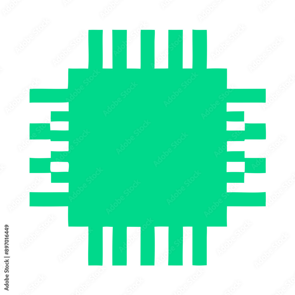 Poster green microchip icon representing semiconductor technology and hardware integration