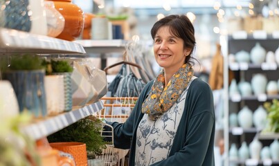 middle-aged woman shopping in an interior design store, smiling at the camera while looking over home decor items like vases and planters, wearing casual attire with a scarf