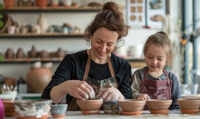 mother and daughter creating handmade pots in an art studio, surrounded by various clay pieces, wearing aprons, happily crafting unique objects from raw materials
