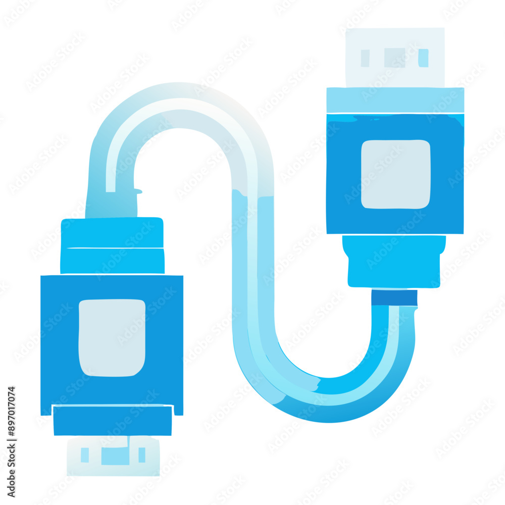 Poster usb cable and connector icon in blue with digital data flow representation