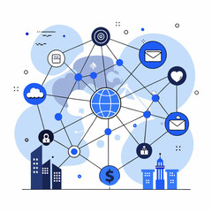 Global Network Infographic with Connected Nodes and Icons