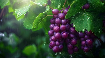 A bunch of bright purple grapes amidst the lush green leaves. There are soaking water drops from the rain in the background, which are softly blurred, making the background look peaceful and natural.