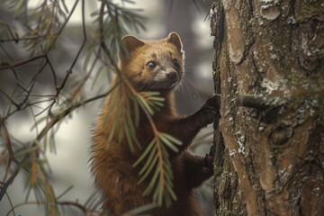 Naklejka premium A detailed shot of a European pine marten climbing a tree in search of food. 