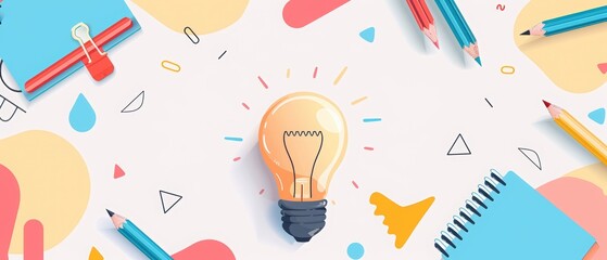 Futuristic school background with light bulb, crayons and color pencils on a pastel white table. Top view banner template for educational advertising or promotion of courses and online learning. 