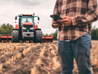 Modern farmer holding phone on the field, blurred tractor in the background