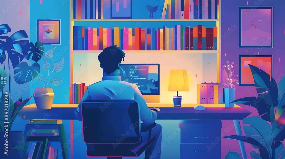 Poster man working at desk with computer screen for modern workspace decoration interior concept.