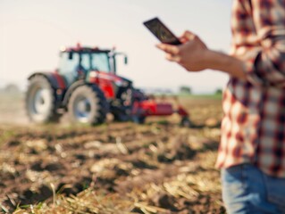 Modern farmer holding phone on the field, blurred tractor in the background
