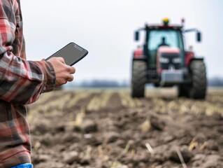 Modern farmer holding phone on the field, blurred tractor in the background