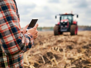 Modern farmer holding phone on the field, blurred tractor in the background