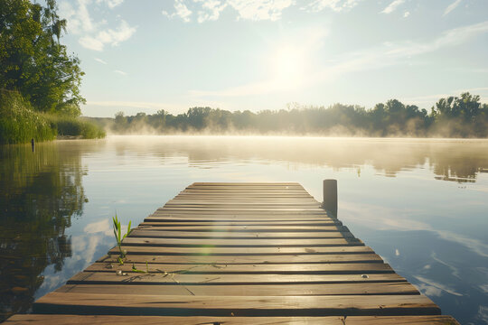 Wooden pier extending into a calm lake with mist rising in the early morning sunlight