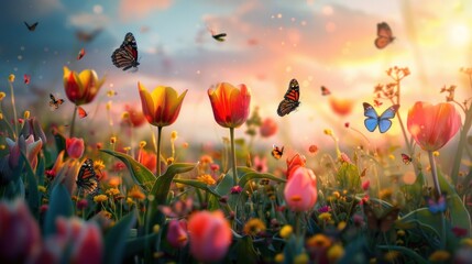 Fototapeta premium Colorful tulips and butterflies
