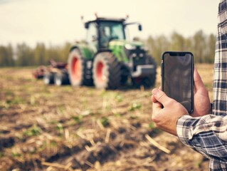 Modern farmer holding phone on the field, blurred tractor in the background