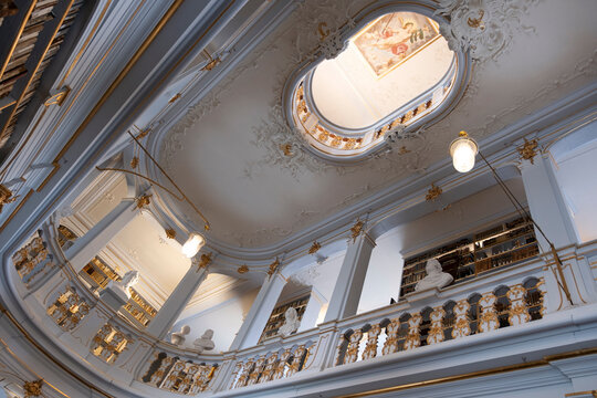 Interior Duchess Anna Amalia Library with Rococo hall, central aisle in Weimar, Thuringia, Germany, July 22 2024