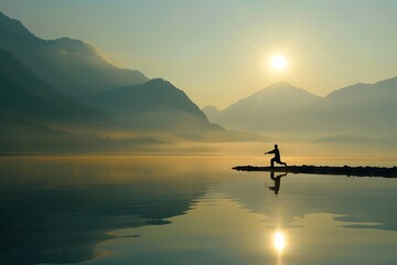 Silhouette of a Man Practicing Tai Chi at Sunrise