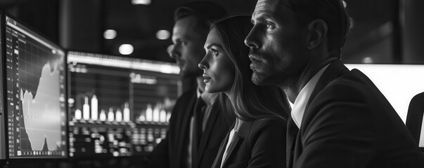 Three colleagues intently analyzing data on a computer screen.