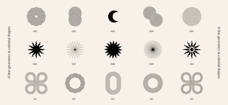 retro boho minimalism line art geometry and celestial shapes, minimalist vector illustrations, mid-century modern graphic design, sun, circle, moon