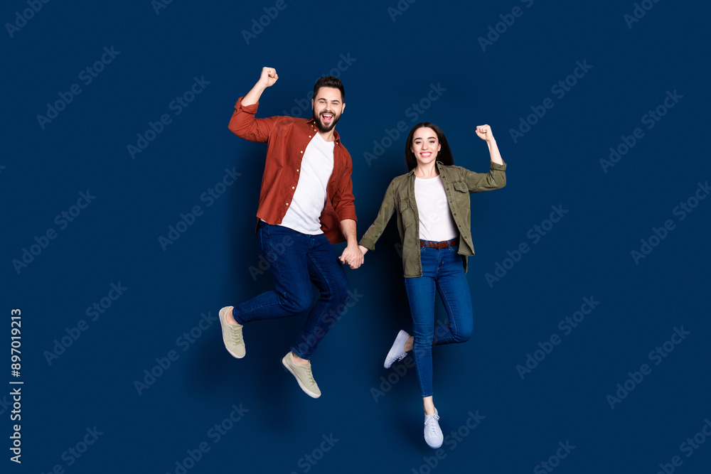 Sticker Photo of cheerful positive lovely couple wife husband wear stylish outfit fist hand discount isolated on dark blue color background