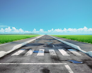 Obraz premium crosswalk on the asphalt road cross the green field.
