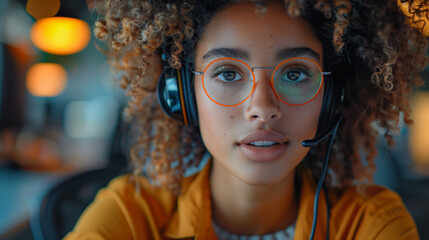 focused call center agent with glasses and curly hair wearing a headset, assisting a customer in a modern office