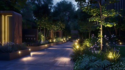 Illuminated Pathway through a Lush Garden at Night