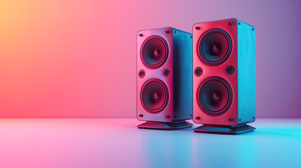 Neon Beats: Modern speakers pulse with vibrant energy, set against a backdrop of electrifying color, listen music background, music content cover banner
