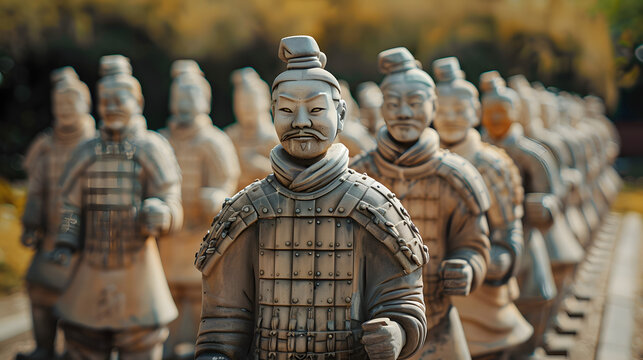A group of statues of warriors stand in a line