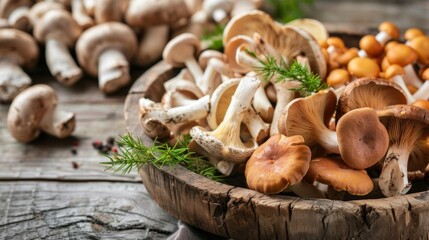 Fototapeta premium A wooden bowl filled with a diverse selection of gourmet mushrooms