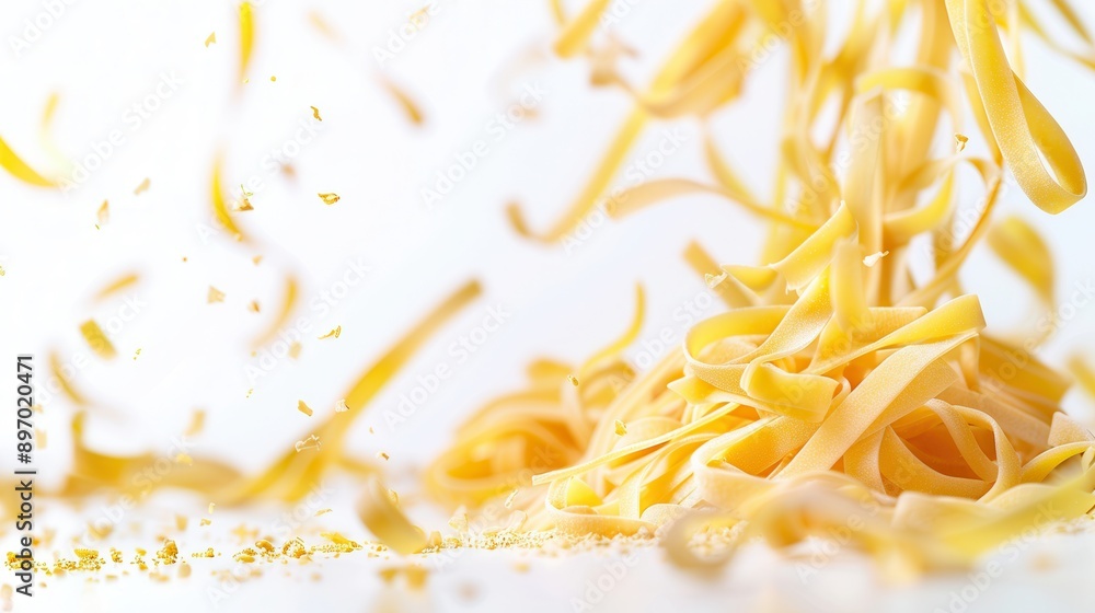 Poster raw pasta noodles gracefully falling and landing on a white surface. generative ai