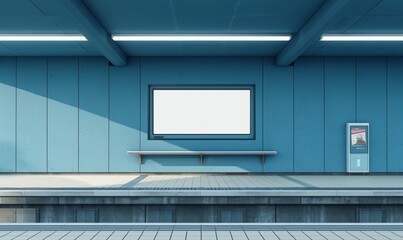 mockup of empty billboard in middle of modern train station with blue walls and white ceiling, no windows, bench on one side and ticket machine on other, rendered in 3D